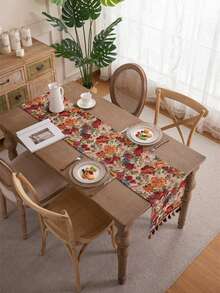 1 件彩色编织米粒底彩色花朵流苏桌旗，美式复古花卉桌布 - 米色 - 查看 7