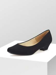 Zapatos de tacón ancho bajo para mujer, de unicolor, con puntera redonda, cómodos y versátiles para trabajo y ocasiones formales - Ante negro - Ver 8