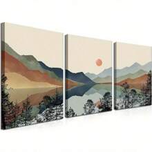 Framed Mountain Canvas Wall Poster Prints Painting, Sun Forest Abstract Nature Landscape Artwork Wall Decor For Living Room, Bedroom, Office - 裱框A - 查看 2