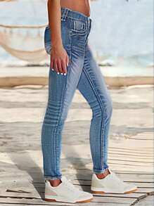 Women's Torn Detail Stitching Washed High Elasticity Mid Waist Tight Jeans, Suitable For Daily Wear In Women's Jeans And Clothing