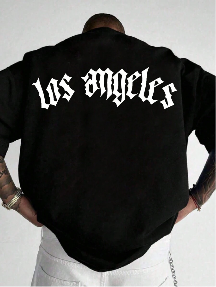 Men Plus Size Casual English Text Print Short Sleeve T-Shirt, Emo - Black - View 1