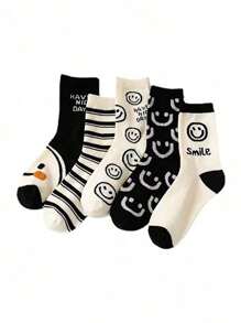 5 双黑白脸图案中筒袜可爱百搭户外袜子适合户外运动