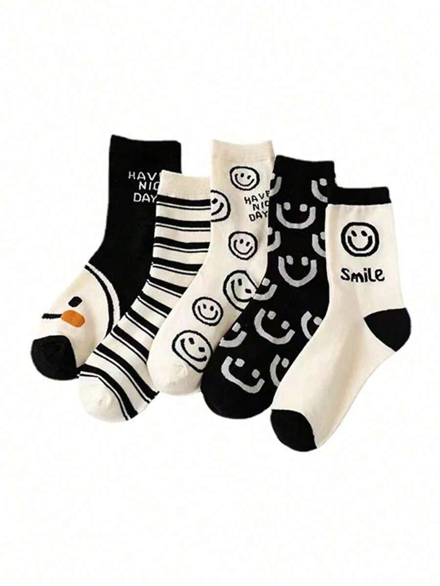 5 双黑白脸图案中筒袜可爱百搭户外袜子适合户外运动