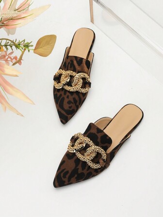 2025 Autumn Women's Elegant Pointed Toe Flat Brown Leopard Print Mule Slides With Large Metal Buckle (Pattern On Shoe Upper Is Random)