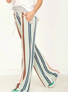 Boho Retro 90's Style Stripe Floral Drawstring Fold Over Band Wide Leg Lounge Pants - Sage - View 1