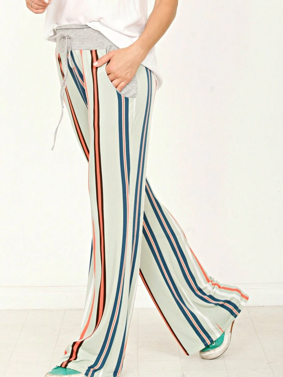 Boho Retro 90's Style Stripe Floral Drawstring Fold Over Band Wide Leg Lounge Pants - Sage - View 1