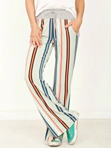 Boho Retro 90's Style Stripe Floral Drawstring Fold Over Band Wide Leg Lounge Pants - Sage - View 3