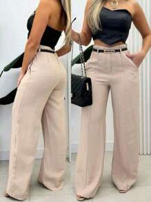 Elegant Women's Wide Leg Pants With Belt In Tailoring - 米色 - 查看 2