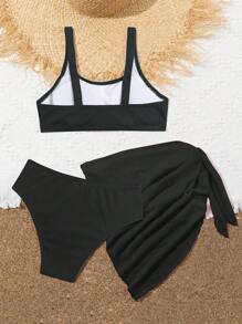2024 Tween Girl Snakeskin Print Solid Color Swimwear 3-Piece Set