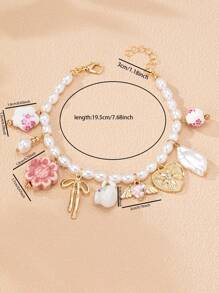 1 件陶瓷蝴蝶结心形多串珠手链，仿珍珠串珠手链，基本款设计串珠手链，适合女士情人节、妈妈、母亲、母亲节、礼物