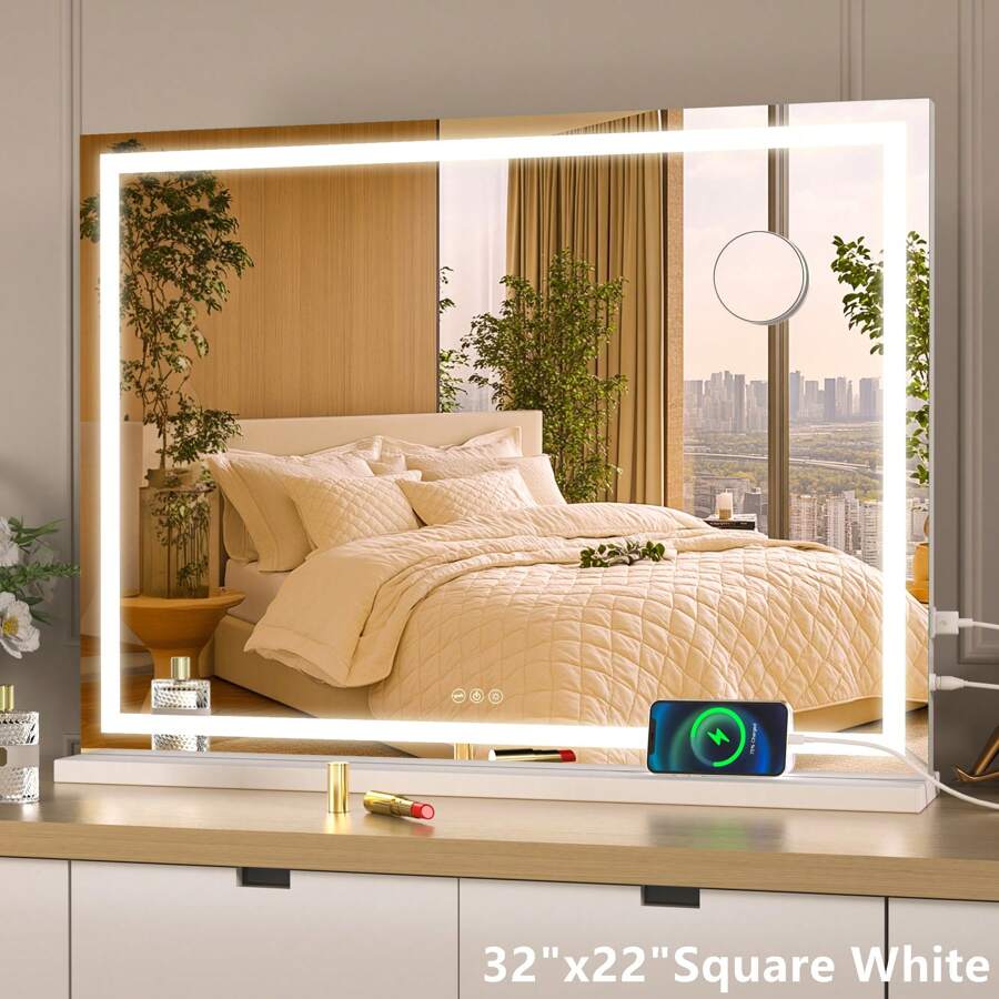 Gương trang điểm Hasipu 32"X22" LED có thể điều chỉnh độ sáng cảm ứng thông minh 3 màu, tuyệt vời cho phòng ngủ, phòng khách, phòng thay đồ, tiệm cắt tóc, khách sạn, quà tặng Giáng sinh đáng yêu cho đồ trang trí phòng tắm, đồ đựng đồ trang điểm mùa hè, phụ kiện phòng tắm, trở lại trường - Xem 1