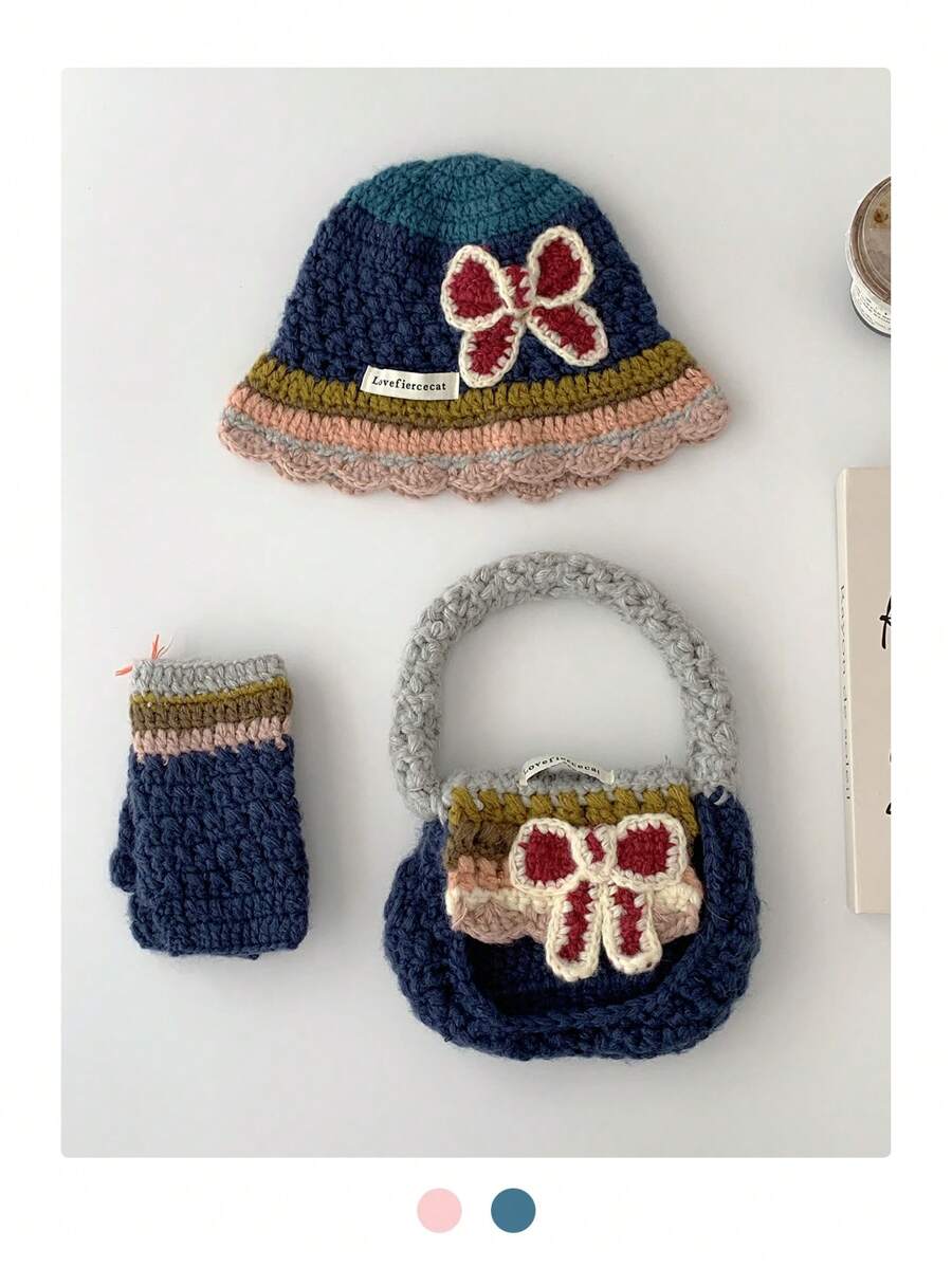 1set Handmade Knit Beanie Hat With Bow & Rainbow Stripe+Bag, Letter