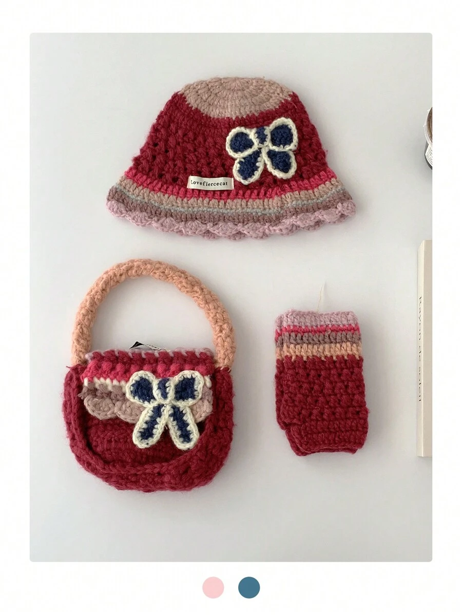 1set Handmade Knit Beanie Hat With Bow & Rainbow Stripe+Bag, Letter