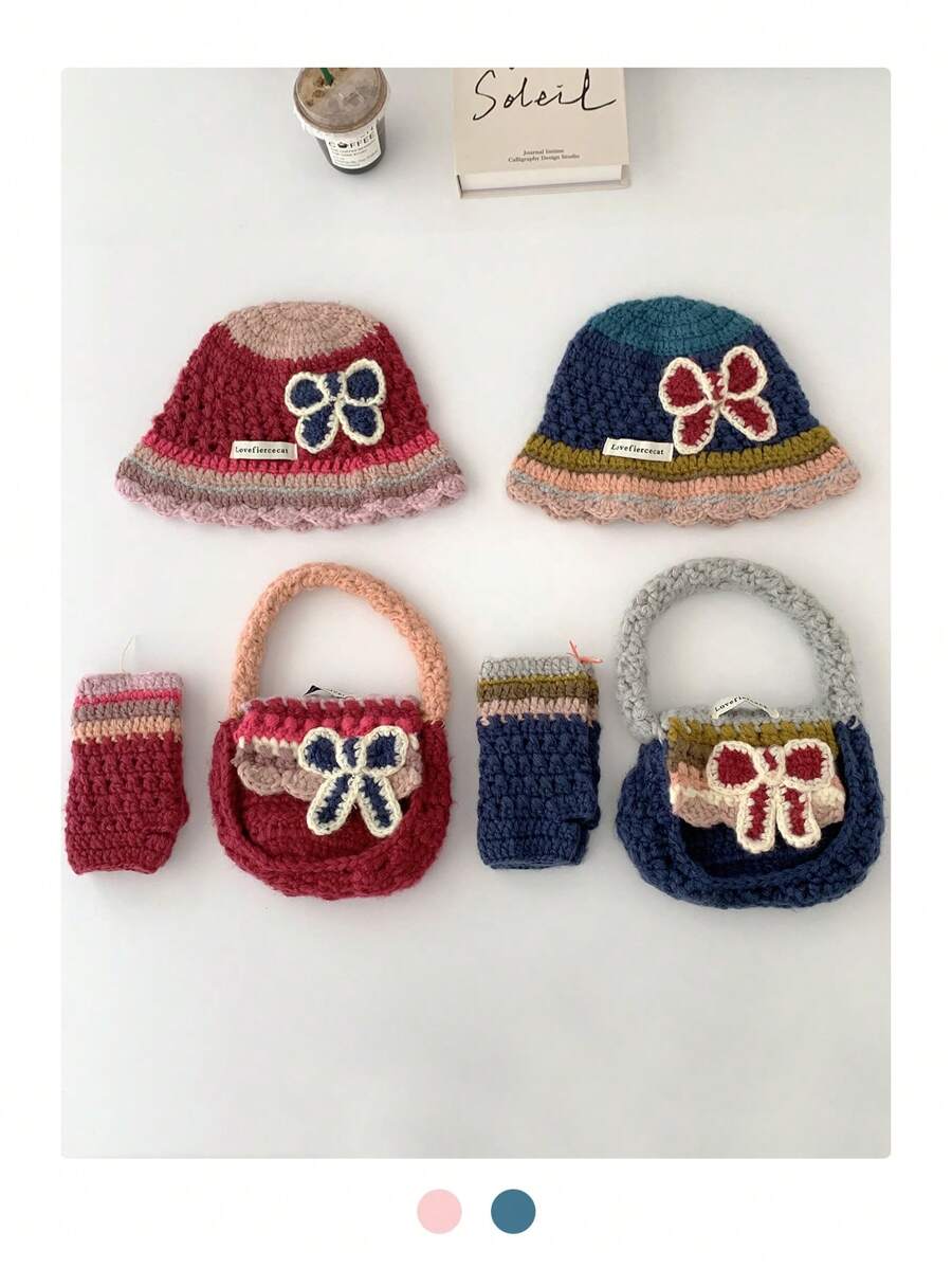 1set Handmade Knit Beanie Hat With Bow & Rainbow Stripe+Bag, Letter