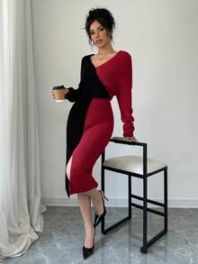 Joy Knit Fashionable Spring Knitted Sweater Dress - Deep V-Neck Color Block Batwing Sleeve Long Sleeve Knitted Sweater Dress