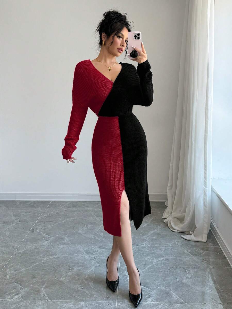 Joy Knit Fashionable Spring Knitted Sweater Dress - Deep V-Neck Color Block Batwing Sleeve Long Sleeve Knitted Sweater Dress