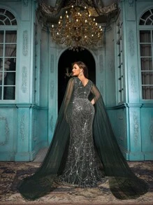 Vestido de fiesta elegante y noble de unicolor con aplicación de malla en talla grande, mangas extralargos tipo capa, bajo de cola de pez con adornos de cuentas, para eventos, fiestas, formal, noche, invitado de boda