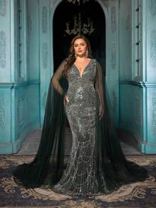 Vestido de fiesta elegante y noble de unicolor con aplicación de malla en talla grande, mangas extralargos tipo capa, bajo de cola de pez con adornos de cuentas, para eventos, fiestas, formal, noche, invitado de boda