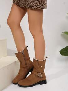 女士舒适扣式粗跟靴，新款冬季款式，适合搭配羽绒服、正装、休闲、带毛茸茸衬里的西部靴，棕色，4 厘米中筒拉链开合时尚靴 - 棕色 - 查看 2