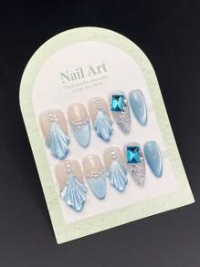 10Pcs/Pack Almond-Shaped Elegant Handcrafted 3D Mermaid Tail French Design Rhinestone & Pearl Decor Artificial Nails, Suitable For Daily Wear Press On Nails Nail Supplies Nails