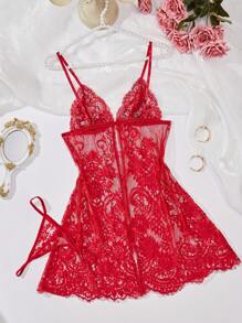 两套性感红色蕾丝内衣套装，包含连衣裙和内裤。 - 酒紅色 - 查看 2