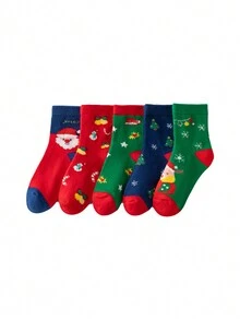 5 双儿童圣诞袜，卡通圣诞树和圣诞老人印花中筒袜，适合男孩和女孩，适合圣诞节、派对 - 彩色 - 查看 4