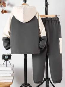 2pcs Tween Boy Casual Patchwork Workwear Long Sleeve Top And Cargo Pants Set