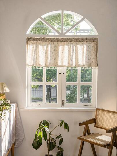 LOSPRING Minimalist Rice-Colored Beautiful Floral Linen-Like Sheer Curtain With Tassel Hem, Half-Window Kitchen Curtain