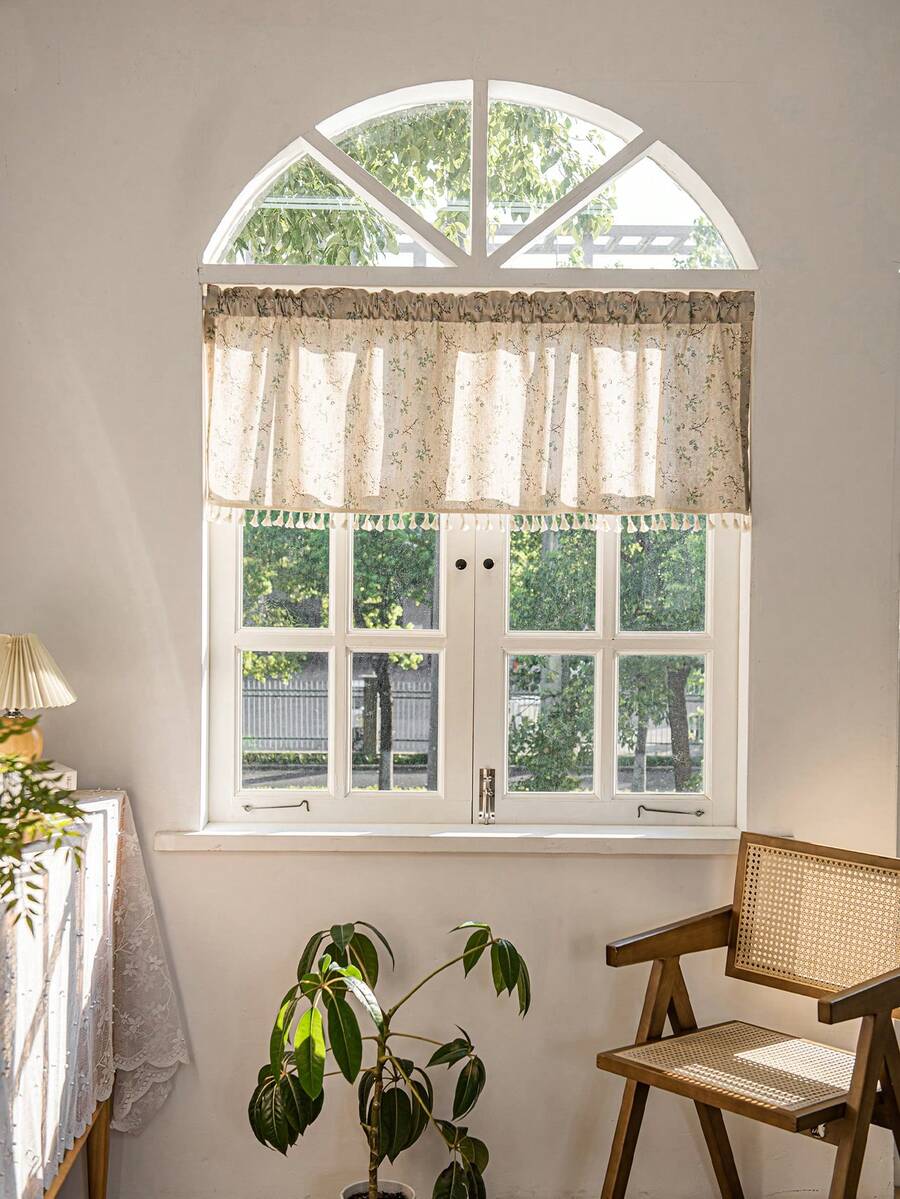 LOSPRING Cortina semitransparente con aspecto de lino de color arroz con hermosas flores y flecos, cortina de cocina para media ventana - M-11 - Ver 1