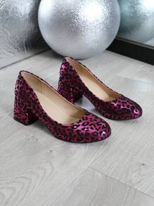 Lightweight Versatile Round Toe Leopard Print Mid Heel Party Shoes, Size 36-45