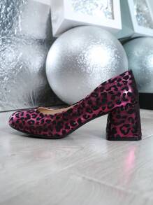 Lightweight Versatile Round Toe Leopard Print Mid Heel Party Shoes, Size 36-45