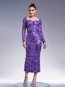 Missord Elegant Sequin Embellished Fitted Cocktail Dress - Purple - View 4
