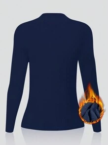 1pc Navy Blue Round Neck Long Sleeve Figure-Hugging Thermal Undershirt, Autumn/Winter