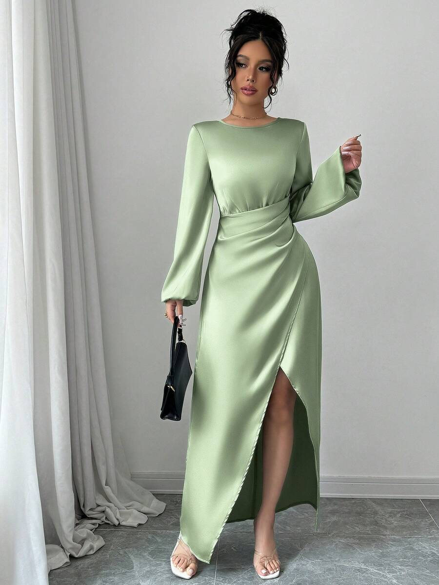 Solid Color Elegant Long Bishop Sleeve Wrap Satin Dress, Suitable For Party, Date, Romantic, Gentle Occasions, New Arrival Women Clothing For Autumn/Winter - Green - View 1