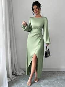 Solid Color Elegant Long Bishop Sleeve Wrap Satin Dress, Suitable For Party, Date, Romantic, Gentle Occasions, New Arrival Women Clothing For Autumn/Winter - Green - View 4