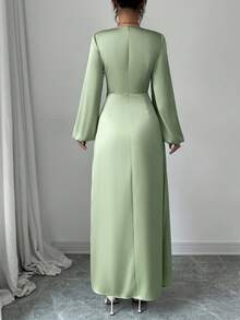 Solid Color Elegant Long Bishop Sleeve Wrap Satin Dress, Suitable For Party, Date, Romantic, Gentle Occasions, New Arrival Women Clothing For Autumn/Winter - Green - View 2