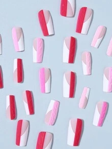 24片方形哑光条纹法式美甲贴片，完美贴合亚克力假指甲套装，包含1片果冻胶和1个指甲锉，易于佩戴，适合女性和女孩日常佩戴，也可用于锐舞派对等场合。 - 彩色 - 查看 3