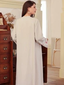 1 件女士亚麻超长连衣裙，带刺绣图案，阿巴亚，迪拜阿拉伯穆斯林长袍开衫，宽松蝙蝠袖，缎面哑光面料，适合日常、聚会、旅行 - 杏色 - 查看 2
