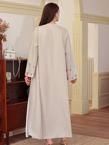 1 件女士亚麻超长连衣裙，带刺绣图案，阿巴亚，迪拜阿拉伯穆斯林长袍开衫，宽松蝙蝠袖，缎面哑光面料，适合日常、聚会、旅行 - 杏色 - 查看 3