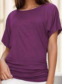 Womens Casual T Shirts Dolman Short Sleeve Shirts Crew Neck Ruched Tops Summer Lightweight Clothes - dark purple - View 1