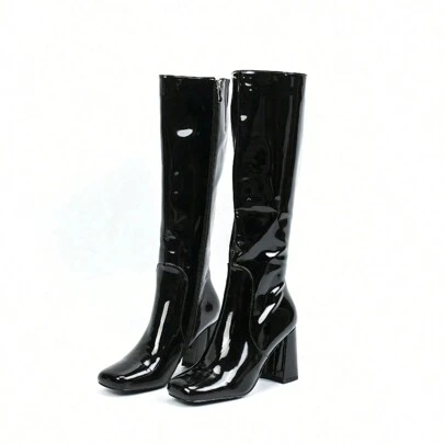 Women's Glossy Waterproof Knee-High Boots With Square Toe Block Heel, Zipper Closure, Versatile Party And Runway Wear, Autumn/Winter