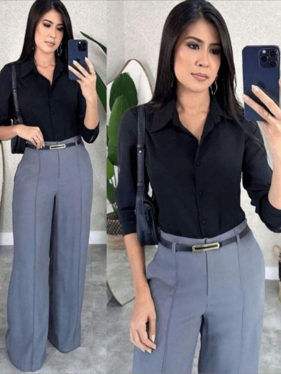 Elegant Women's Wide Leg Pants With Belt In Tailoring - Grey - View 1