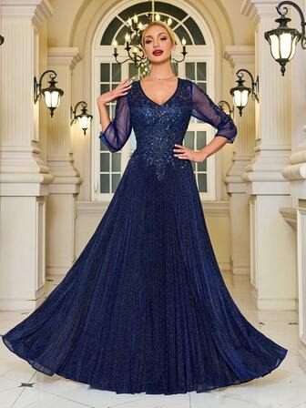 V-Neck Pleat Mother Of The Bride Dress, Navy Glittery Formal Evening Gown, 3/4 Sleeve Mother For Wedding Dinner