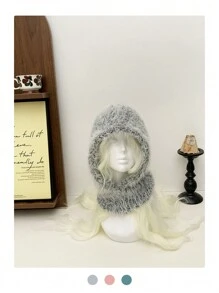 1 chiếc mũ len Balaclava trùm đầu cho nữ, chu vi đầu cực lớn, giữ ấm tai, khăn trùm cổ cho mùa thu đông, mũ len mềm mại thời trang - Nhiều màu - Xem 5