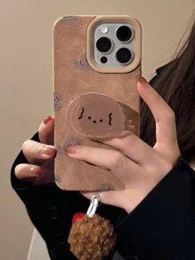 1 pièce Pendentif animal de dessin animé + cloche en texture  beige, boule pelucheuse rétro mignonne de chien, compatible avec les coques de téléphone des séries Apple 16/15/14/13/12/11, étanche, antichoc, anti-chute, résistant aux rayures - Kaki - Voir 5