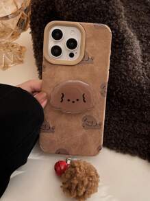 1 pièce Pendentif animal de dessin animé + cloche en texture  beige, boule pelucheuse rétro mignonne de chien, compatible avec les coques de téléphone des séries Apple 16/15/14/13/12/11, étanche, antichoc, anti-chute, résistant aux rayures - Kaki - Voir 7