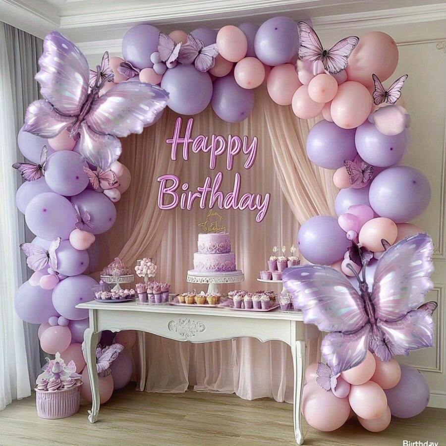 99pcs/115pcs/148pcs Butterfly Balloon Arch Kit 10inch/5inch Macaron Purple Pink Balloons With Purple Butterfly Foil Balloons For Mother's Day Birthday Party Decoration - 99pcs Butterfly Balloon Set - View 1