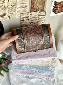 1pc Vintage Handmade Wooden Box With Leather Floral Pattern Lock, Jewelry Storage Box, Home Decor, Desk Organizer, Suitable For Daily Use, Holiday Gifts Back To School