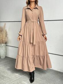 Vestido camisa con cinturón, manga linterna, volantes, unicolor - Caqui - Ver 5