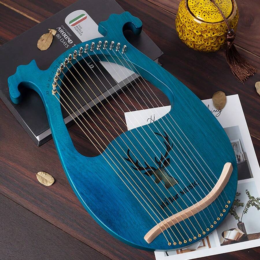 Lyre Harfe instrument Kleine Leierharfe 16 Saiten, Leier Harfe Mahagoni 16 Saite mit Stimmschlüssel Saitenabnehmer, Ausgezeichnete Klangqualität, ideal für Kinder und Anfänger - Blau - Übersicht 1